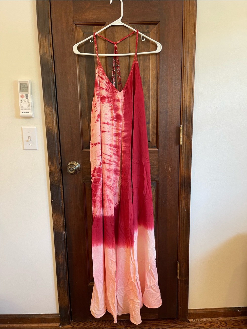 American Threads Red Pink Tie Dye Maxi Dress Size Medium Boho Y2K
